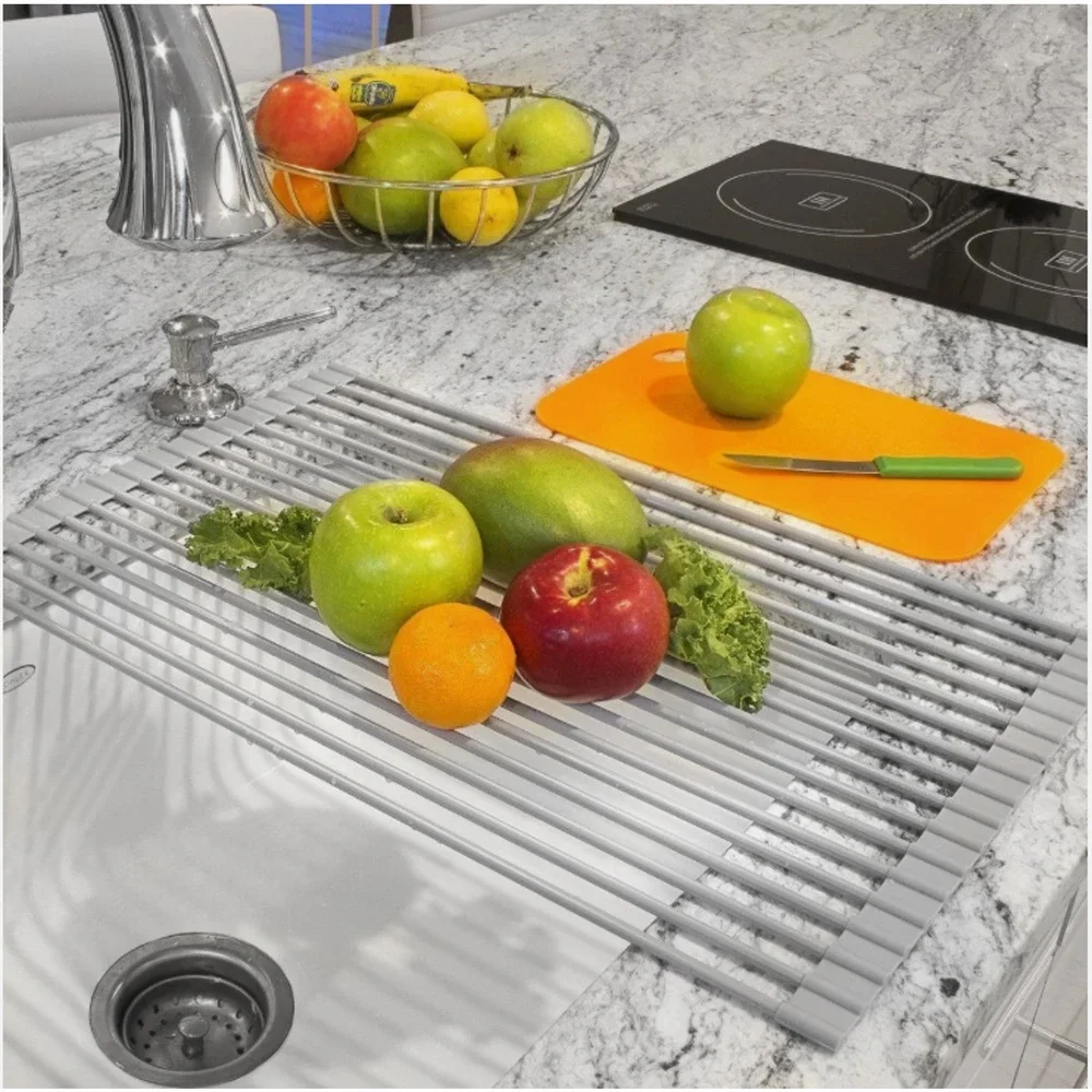 Over The Sink Roll Up Dish Drying Rack Stainless Steel Kitchen Drying Rack-Large